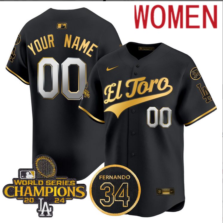 Women MLB Los Angeles Dodgers Custom black 2024 World Series Champions Patch Cooperstown Jersey->customized mlb jersey->Custom Jersey